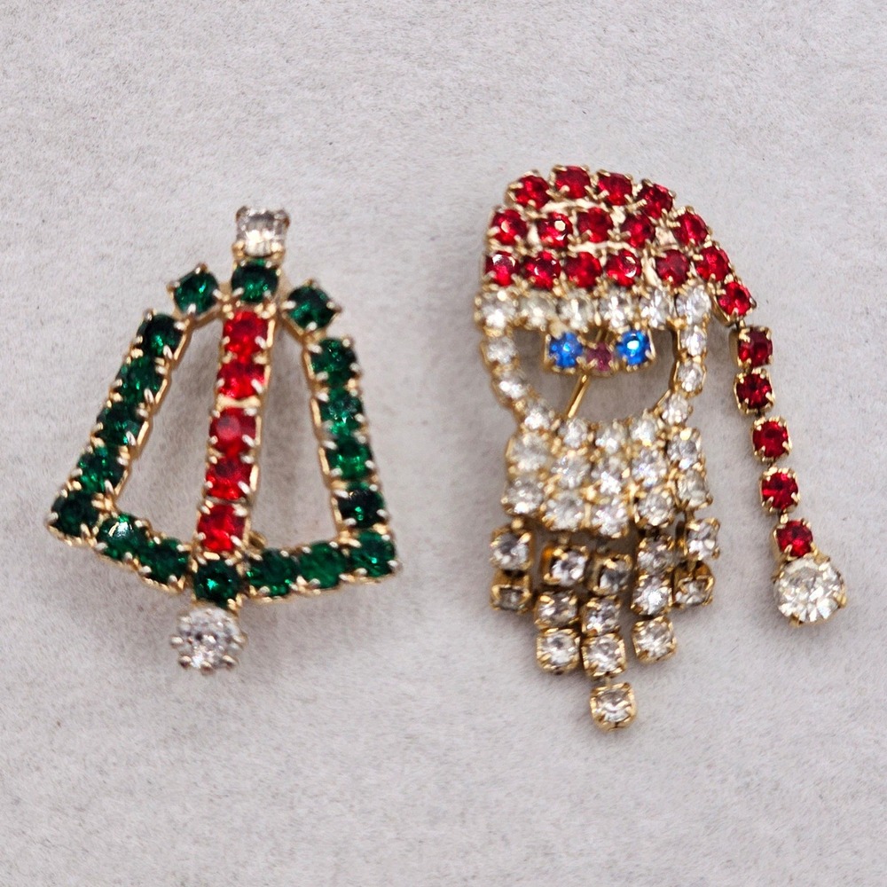 Rhinestone Brooches Christmas Santa and Bell Holiday Pins Vintage Glam Festive